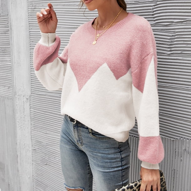 Pntutb Suéter de punto suelto con bloqueo de color para mujer Suéter de cuello redondo Pntutb Pntutb-1587