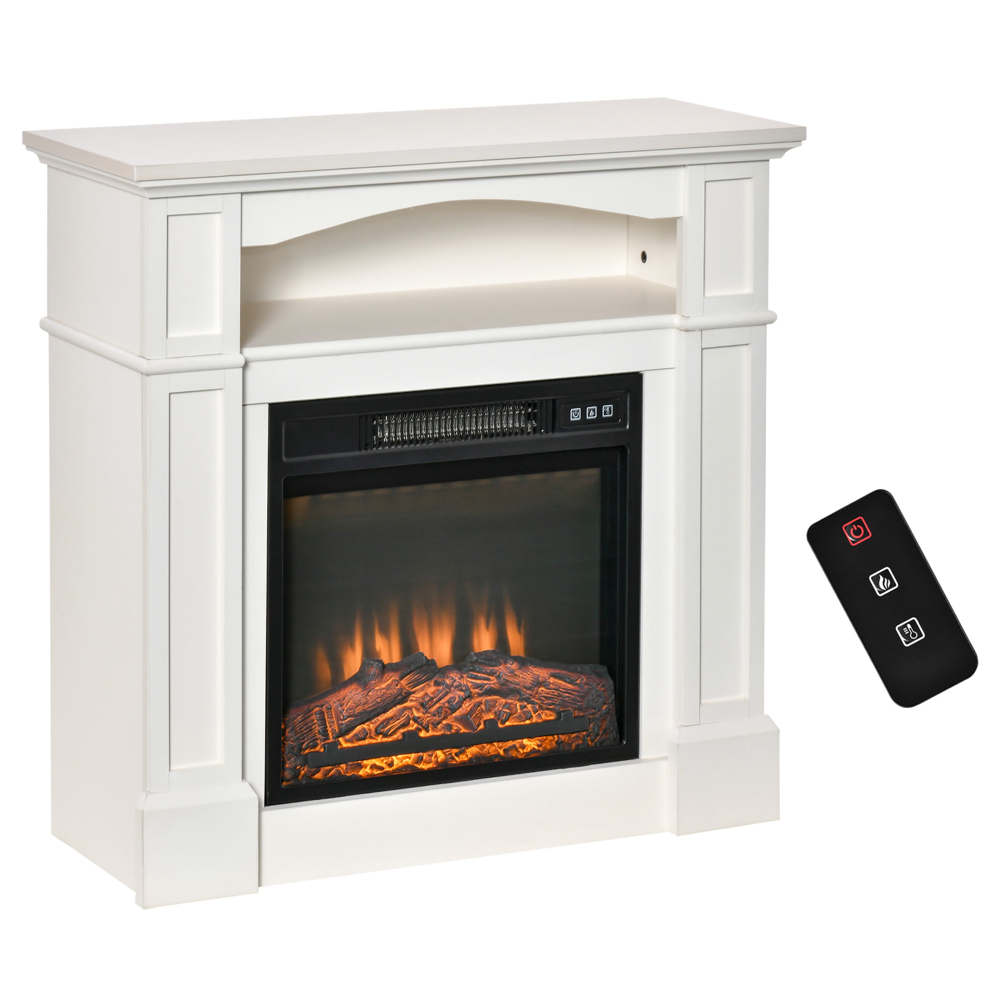 HomCom Electric Fireplace with Mantel, Freestanding Heater Corner Firebox with Log Hearth, Shelf and Remote Control, 1400W, White
