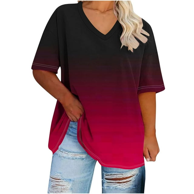fheaev Plus Size Topss For Womens Summer Oversized T-Shirts Tees V Neck T Shirts Summer Half Sleeve Tees Crew Neck Tunic Tops