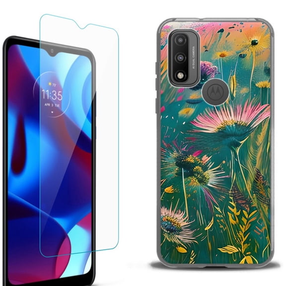 Slim-Fit Fashion Phone Case for Motorola Moto G Pure, with Tempered Glass Screen Protector, by OneToughShield ® - Flower Wind