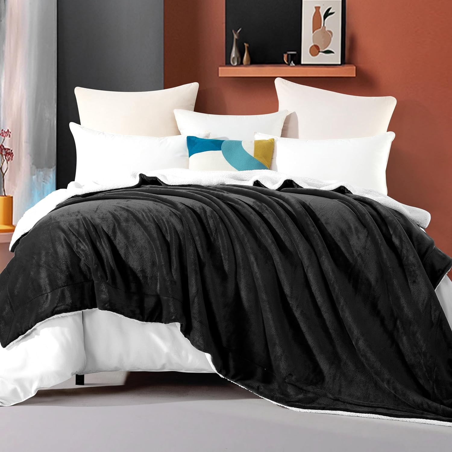 Elegant Comfort Soft, Reversible Sherpa Blanket, Flannel Fleece Throw for Couch and Bed, Warm and Plush Winter Blanket, King, Black