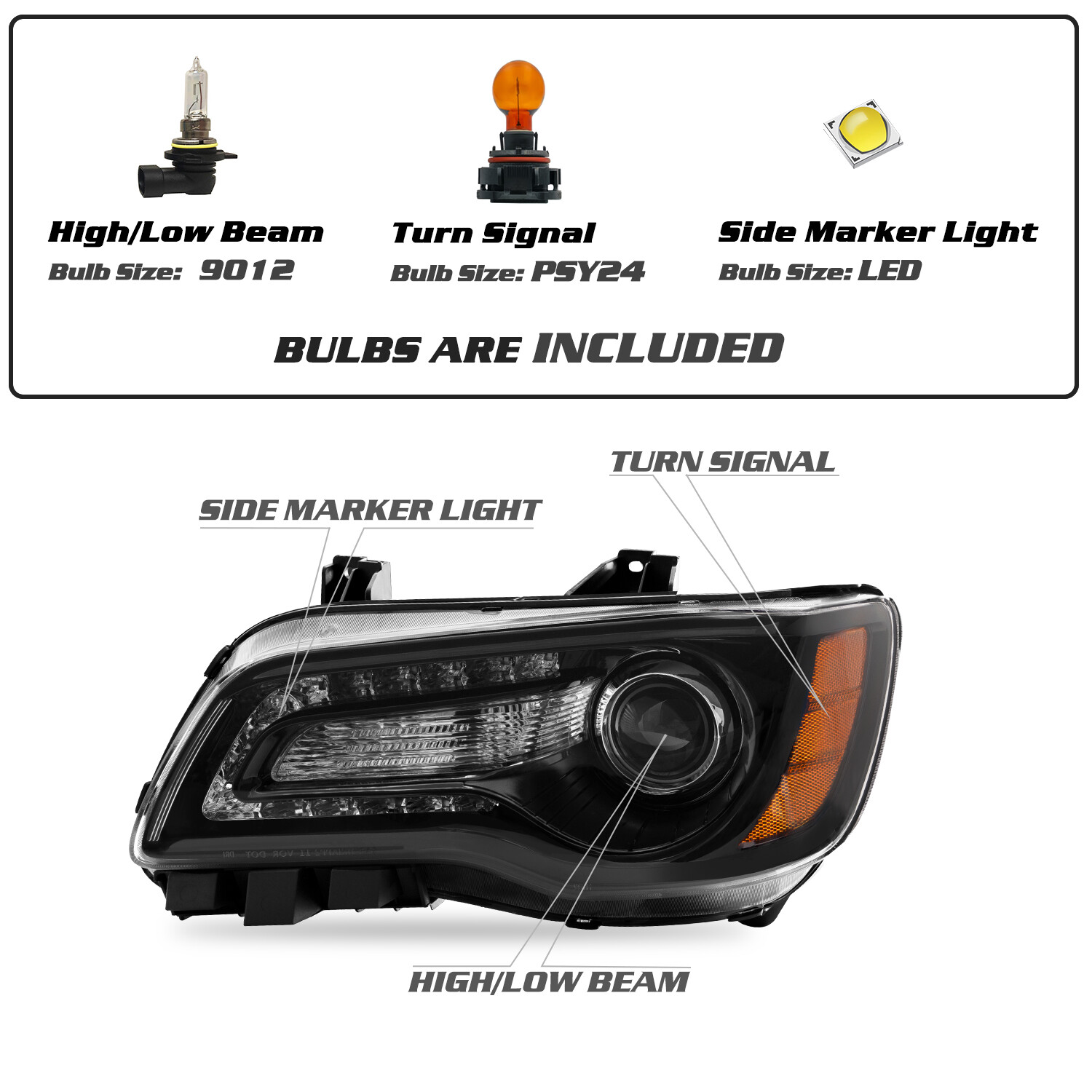 Titans Motors Black LED DRL Projector Headlights for 2011–2023 Chrysler 300 — Driver & Passenger Side Pair