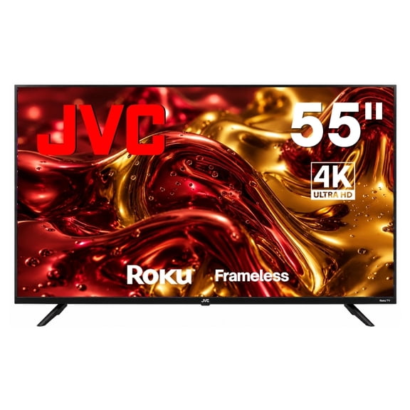 JVC  Smart TV 55 pulgadas  4K UHD LED  Frameless  Roku TV  Dolby Audio  WiFi  4 HDMI 2 USB AV  Netflix YouTube Prime Video  Modelo SI55URF