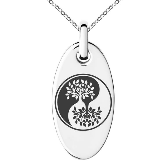Tioneer Stainless Steel Tree of Life Yin Yang Engraved Small Oval Charm Pendant Necklace