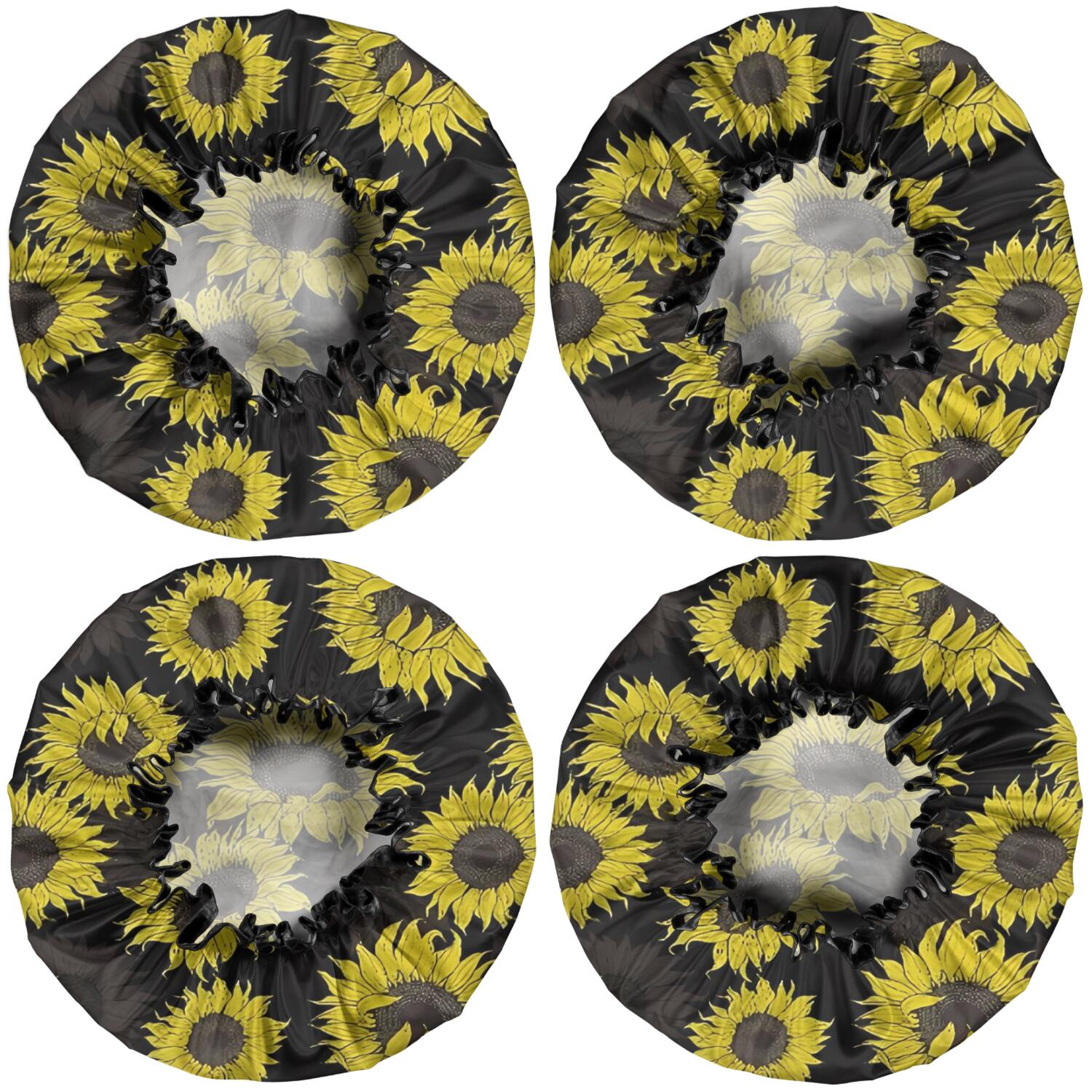 Shower Caps,Black Sunflower Pattern Waterproof Shower Cap for Women 4 Pieces,Double Reusable Hair Cover for Shower PEVA Elastic Stretch Hem