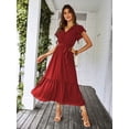 thumbnail image 2 of Vestido PRETTYGARDEN Bohemio Maxi Floral con Escote Cruzado en V Vino Rojo Talle S, 2 of 8