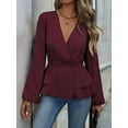 thumbnail image 2 of Women'S Elegant Solid Color Double Breasted Ruffle V-Neck Long Sleeved Shirt Wine Red XL, 2 of 8