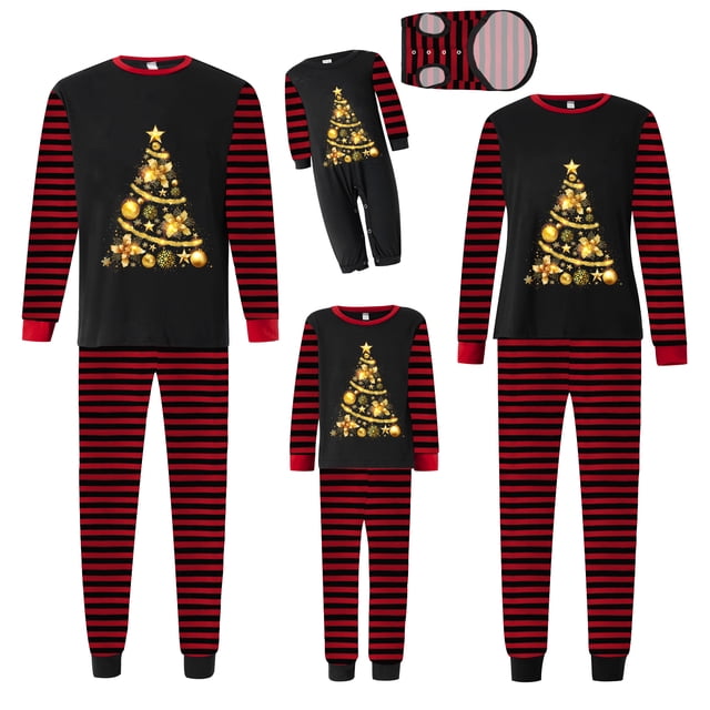 Conjunto de pijamas navideños familiares a juego con estampado de árbol y rayas. Pijamas de vacaciones para papá, mamá y niños.