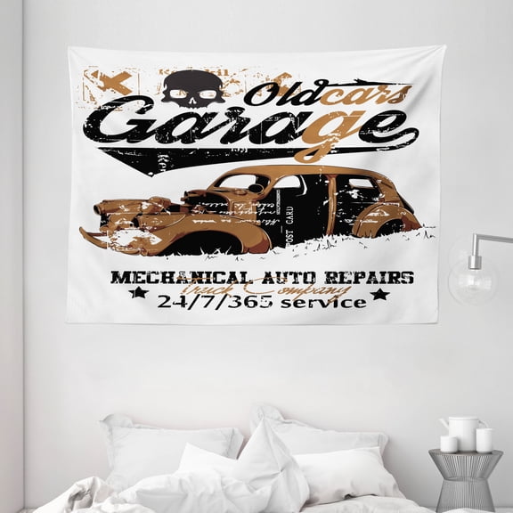 Cars Tapestry, Old Garage Mechanical Auto Repairs Truck Company Skull Grunge Display, Wall Hanging for Bedroom Living Room Dorm Decor, 80W X 60L Inches, Pale Brown Black White, by Ambesonne