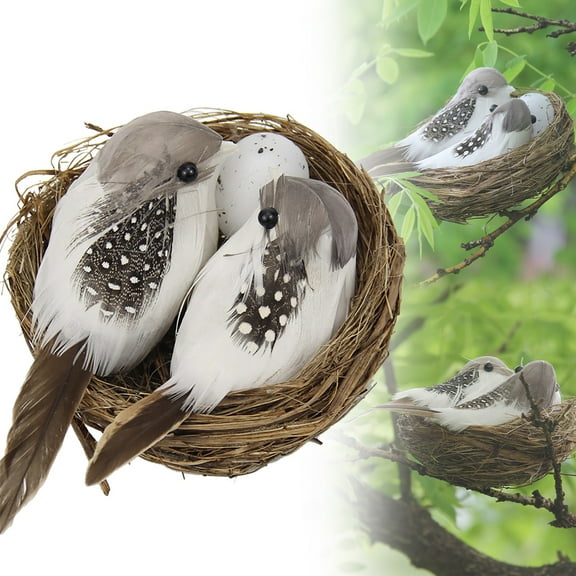 Ikeay 4-Pack Artificial Bird Nest Set with Eggs And Birds, Miniature Garden Decor for Easter Wedding Christmas Home Display, Lifelike Craft Ornament Beige