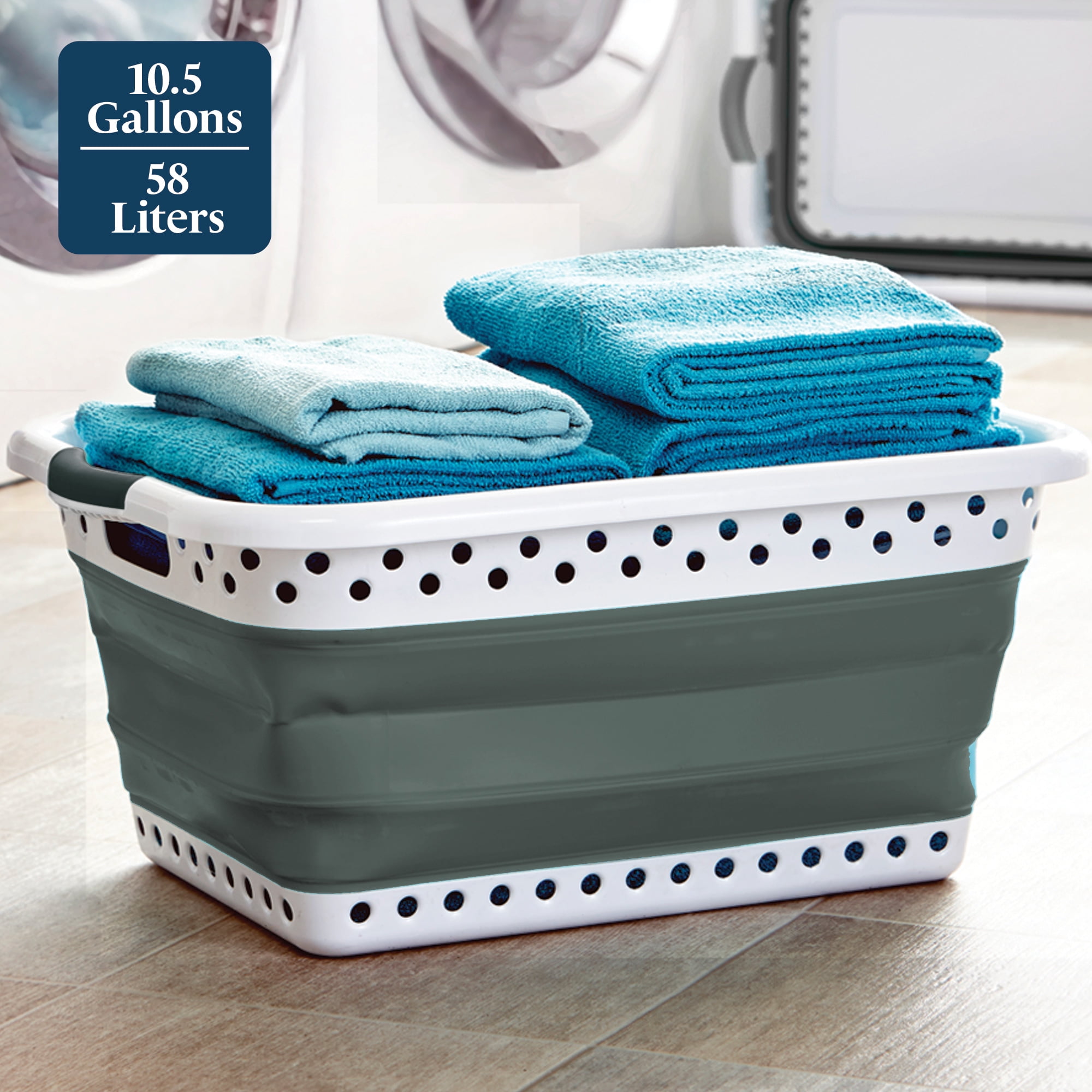 Blue Door Collapsible Laundry Basket Portable Pop Up Plastic Laundry Hamper with Dual Grip, 10.5-Gallon Gray
