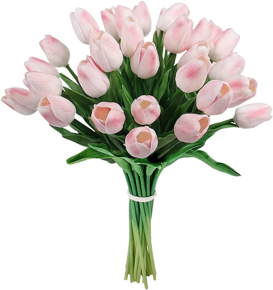 HAOSHICS 30pcs Artificial Tulips Flowers Fake Latex Tulip Stems - Real Touch Faux Colorful,for Easter Spring Wedding Bouquet Centerpiece Floral Arrangement Wedding Table Decor (Gradual Pink)