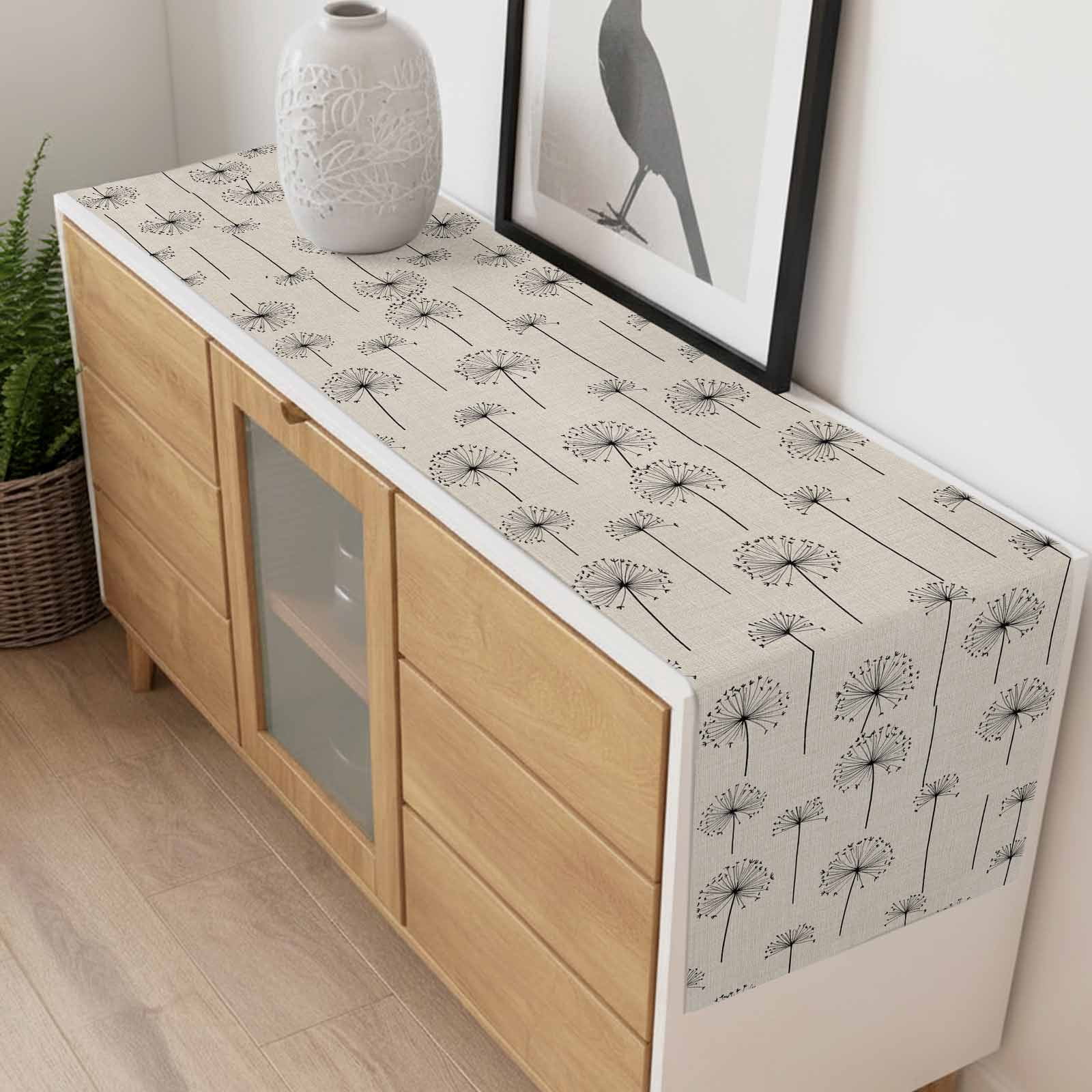 Spring Dandelion Cotton Linen Table Runner Vintage Abstract Black Dandelion Wildflower Linen Dining Table Runners for Home Decor Party Dining Room Restaurant Kitchen 13" x 120"