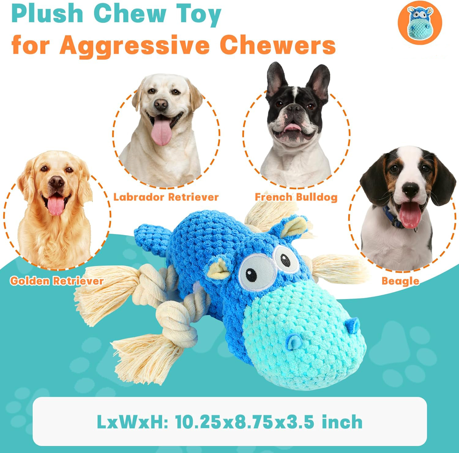 URRU Dog Toys for Aggressive Chewers, Squeaky Hippo photo 4
