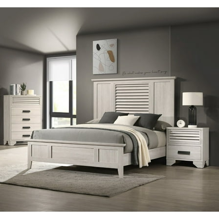 3pc Contemporary King Size Set Panel Bed Chest Nightstand White Cream Solid Wood Bedroom Furniture