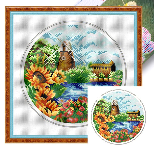 (5254) Hilo Algodón Ecológico Bordado 11CT 3 Hebras Impresión Kit Serie Paisaje Punto Cruz Verano 35*35cm (borde Gancho)