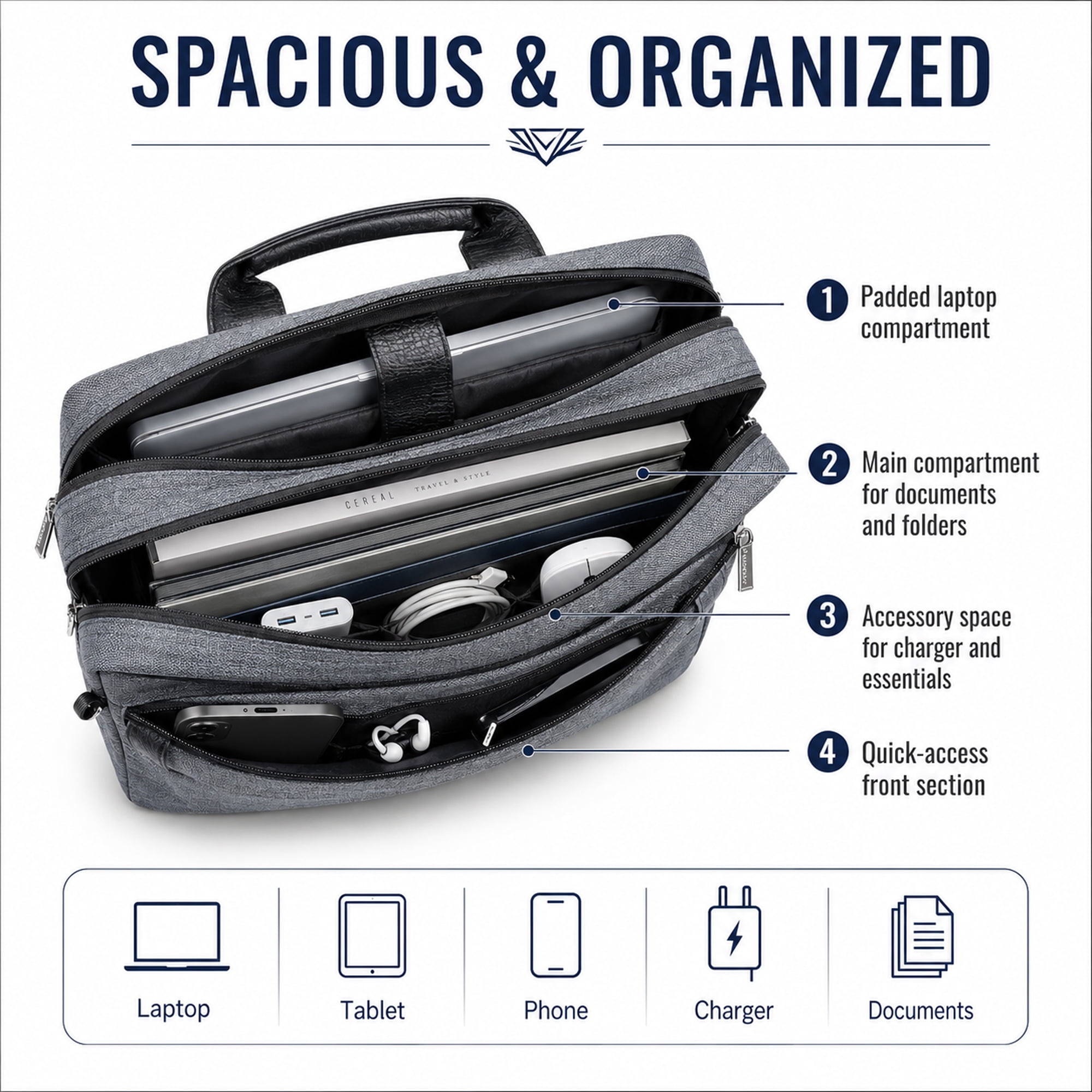 VANGODDY 17 Inch Laptop Messenger Bag, Padded Business Briefcase with Shoulder Strap, Travel Luggage Strap, Gray