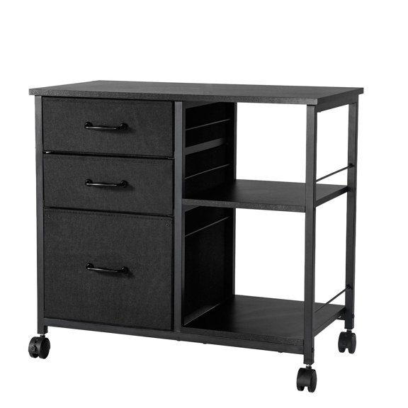 Mobile File Cabinet with Drawers & Shelves - Metal Filing Cabinet for Office, 3 Drawer A4/Letter Size, Wooden Top, Rolling Storage Cabinet - Black