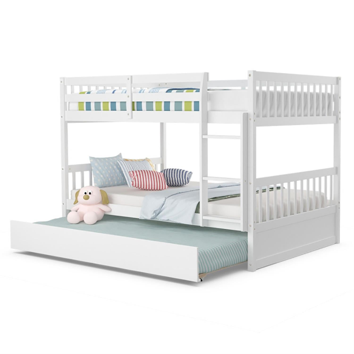 Demi Bonn Bunk Beds Full over Full with Ladder in the Steps and a Full Trundle, Bunk Bed Platform Twin Over Twin, White
