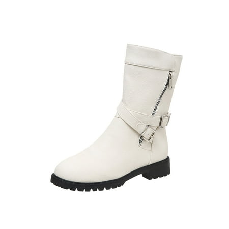 

GENILU Ladies Waterproof Non Slip Mid Calf Boots Low Heel Work Strap Buckle Shoes White 9