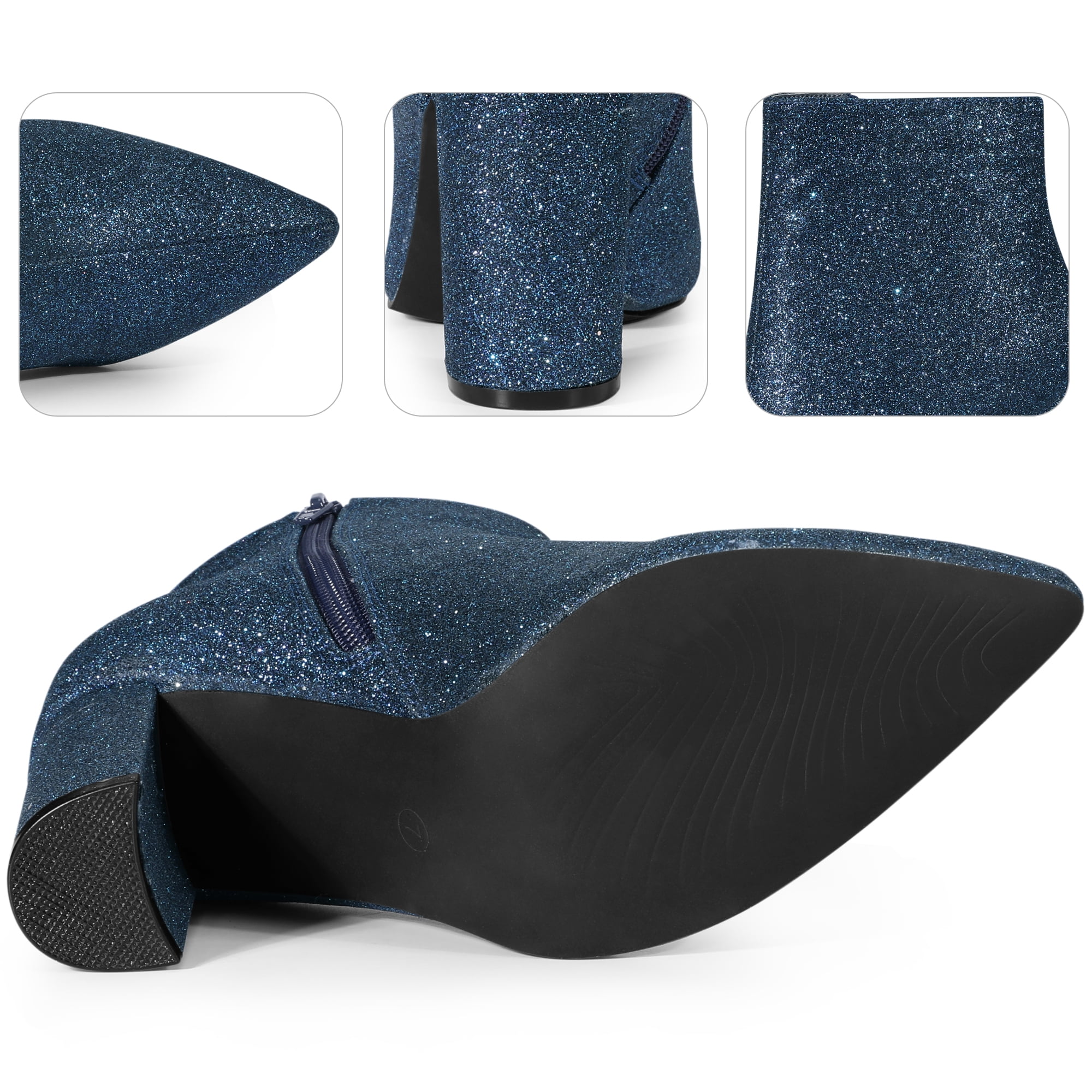 DARING DIVA Chunky Heels Sparkly Booties Navy Blue Ankle Boots
