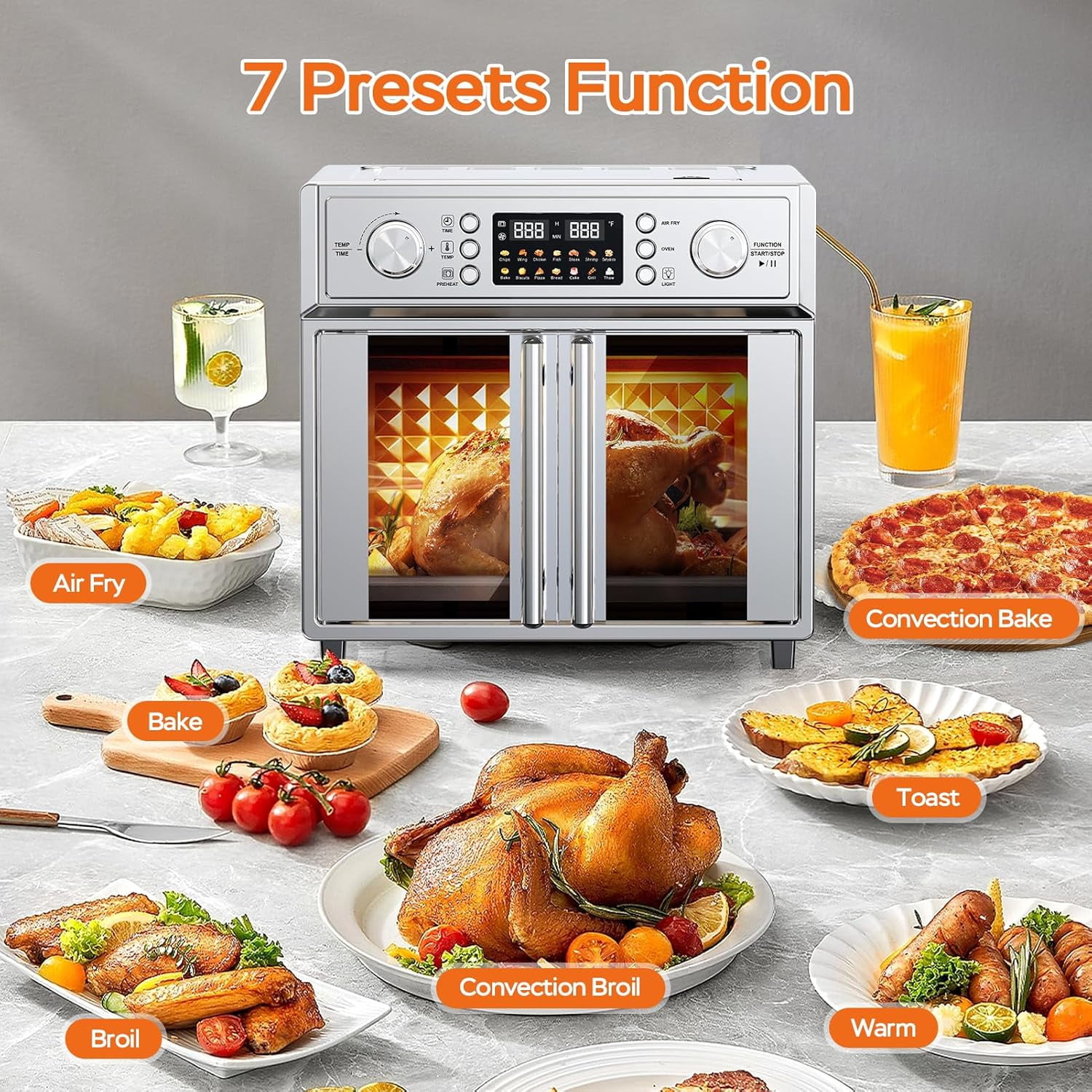 Plum Chef 26QT Large Capacity French Double-Door Air Fryer Convection Toaster Oven, 1700W, 14 Preset Menus, 7-in-1 Multi-Function (Bake, Roast, Gril,Toast,Dehydrate&Defrost), Stainless Steel,silvery