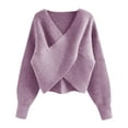 thumbnail image 3 of VISALY V Neck Pullover Sweater Crochet Sweaters Women Casual Long Sleeve Sweaters Wrap Front Off Shoulder Knitted Crop Solid Pullover Oversized Sweatshirt Basic Tops Comfy Sweaters Purple One Size, 3 of 3