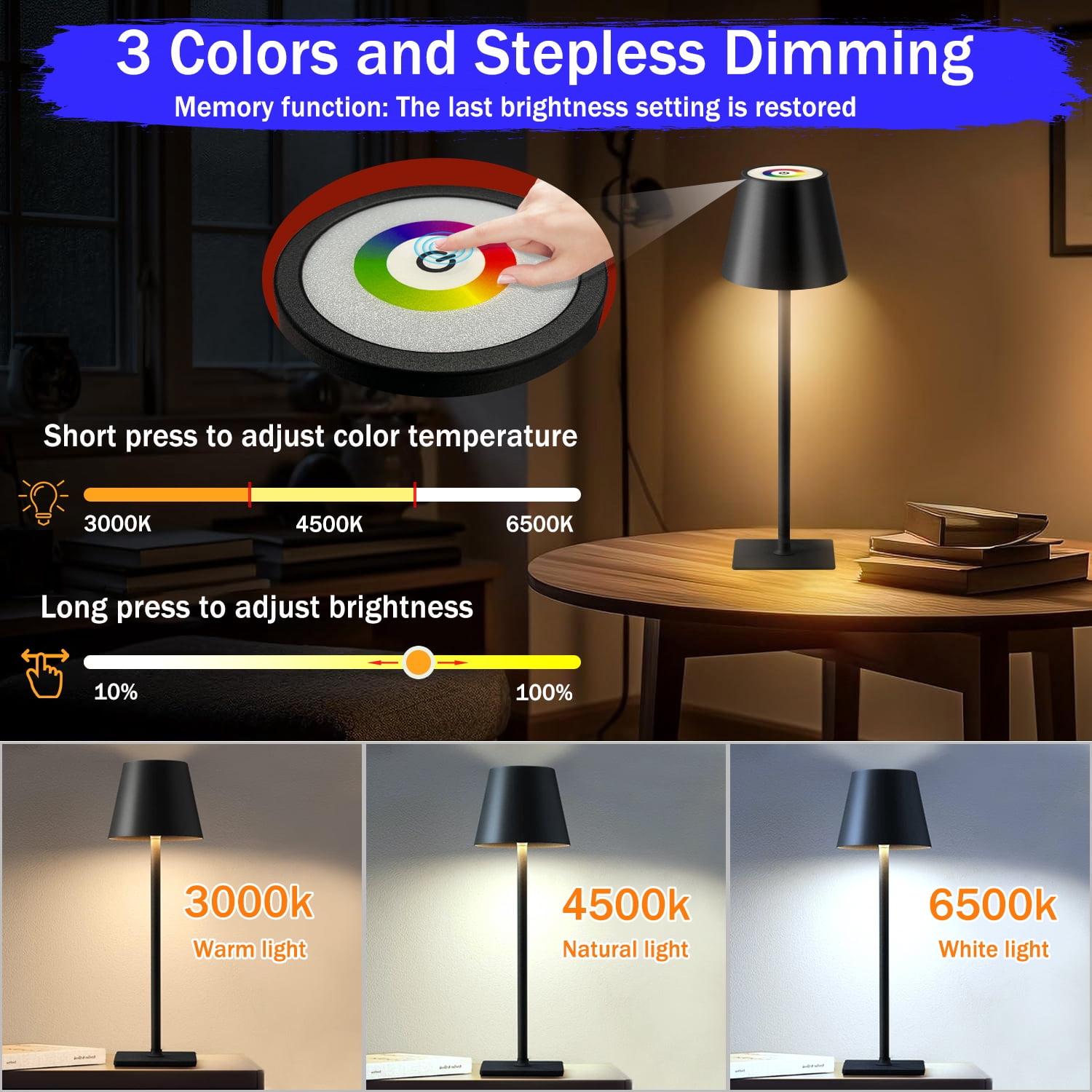 LED Cordless Touch Table Lamp, 4000mAh Large Battery Rechargeable Desk Lamps, Outdoor Wireless RGB Colour Metal Bedside Table Light Lamps with Waterproof Suitable for Bedroom Dining Coffee Outdoor