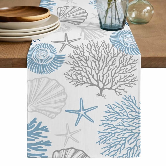 Blue Grey Coastal Table Runner, Summer Beach Coral Shell Starfish Washable Cotton Linen Table Runners 120 Inches Long, Dresser Scarf Runner for Dining/Living Room/Kitchen/Square Tables 13''x120''