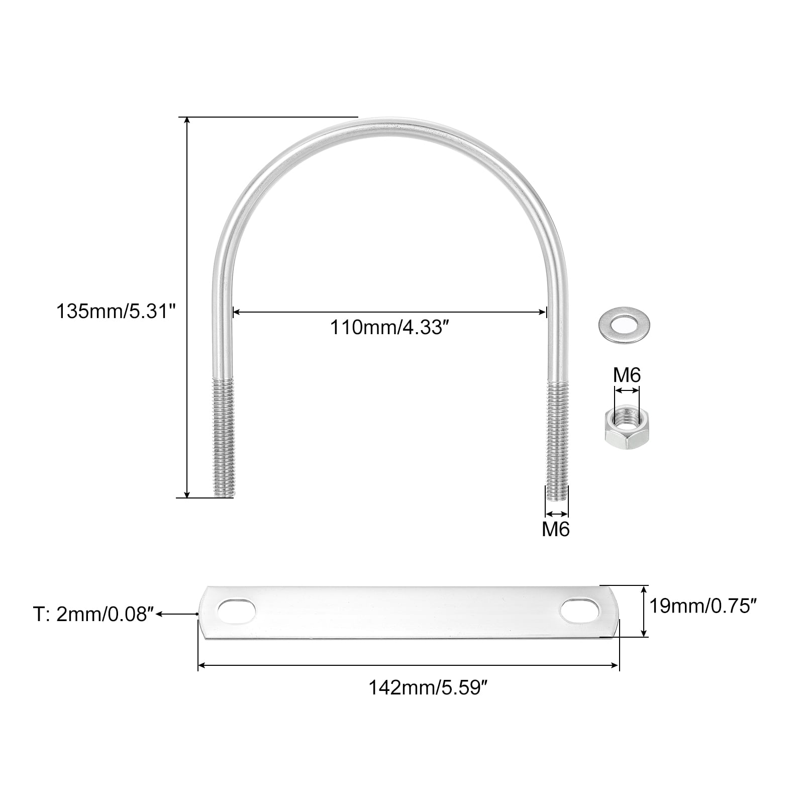 Round U-Bolts, 6 Sets 108mm(4.25") Inner Width 135mm Length M8 304 Stainless Steel U Clamp Bolt with Nuts and Plates