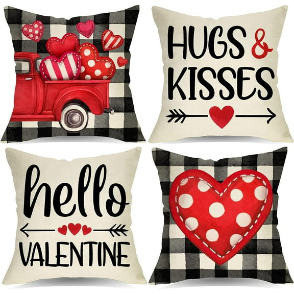 Valentine''s Day Hugs Kisses Decorative Throw Pillow Covers 18 x 18 Set of 4, Holiday Red Heart Arrow Buffalo Plaid Farmhouse Cushion Case Decor, Polka Dots Heart Truck Decoration for Sofa Couch