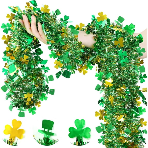 3 Pack St Patricks Day Garland Decor Gold Green Shamrock Hat Tinsel Garland, Shiny Metallic Streamer Twist Garland Hanging St Patricks Day Decorations for Home Indoor Outdoor Irish Party Supplies