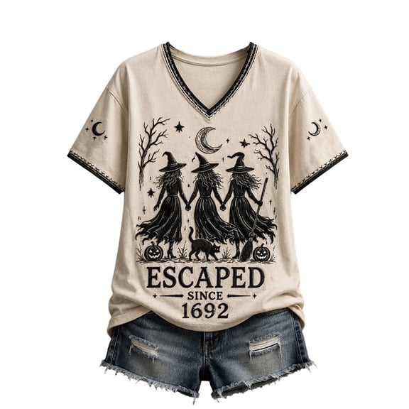 Womens Halloween Shirts Plus Size Short Sleeve Tunic Tops Funny Halloween Print V Neck Novelty Graphic Tees