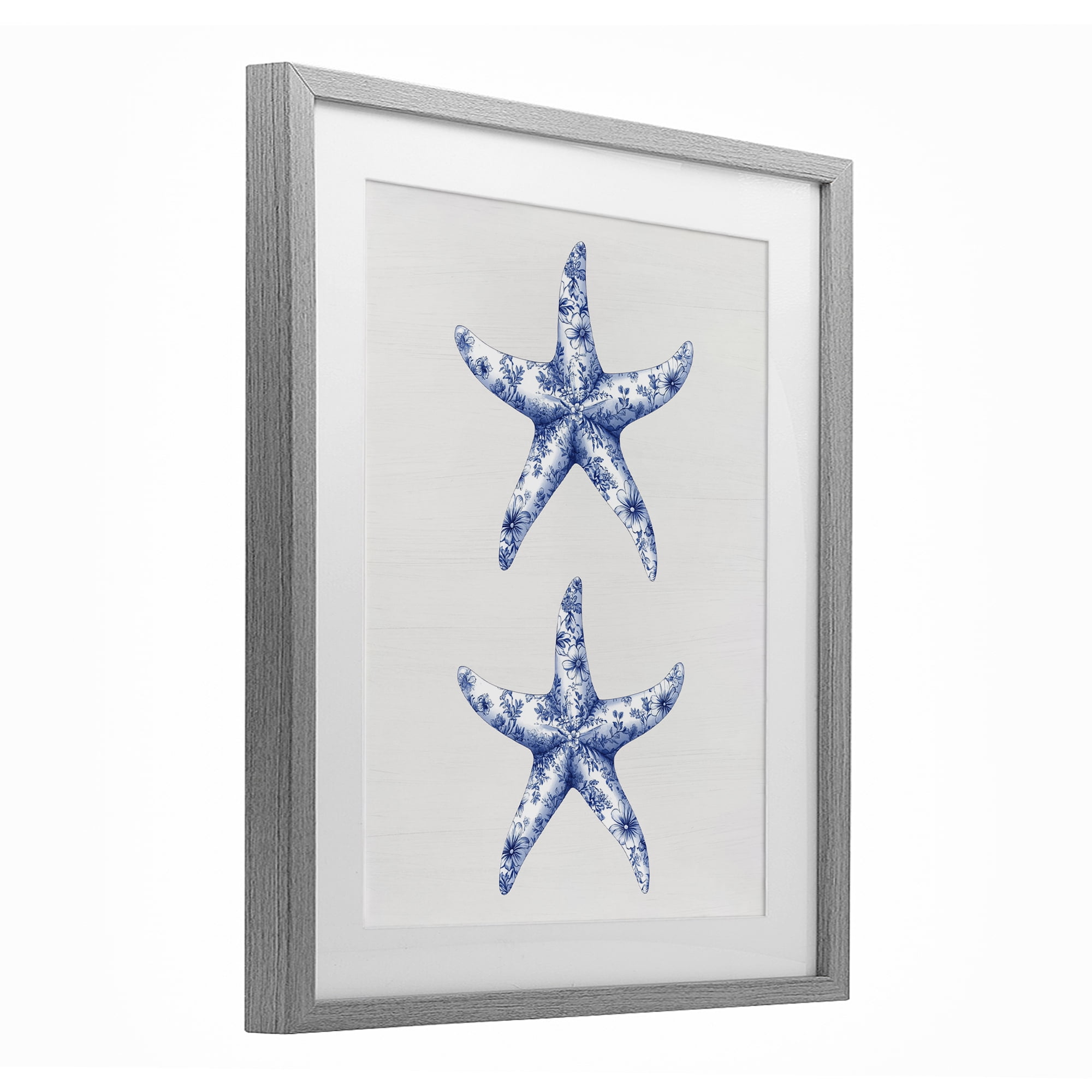 Vintage Toile Starfish Gray Framed Print Under Glass, design by Lettered and Lined