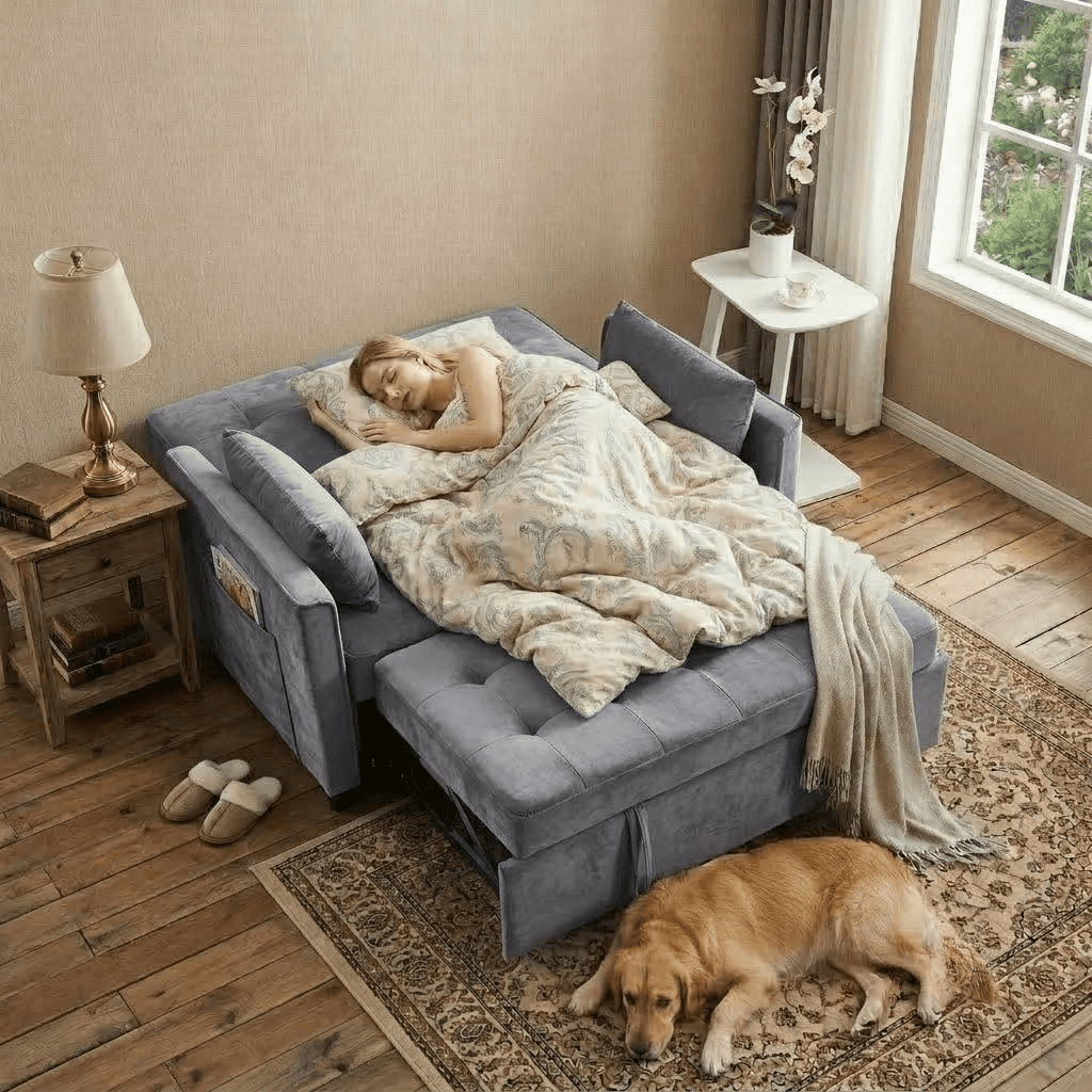 Howcool 55" Sleeper Sofa Bed, 3-in-1 Pull Out Convertible Loveseat Couch with 5-Level Adjustable Backrest, USB Port & Side Pocket, Terry Fabric Sofa for Living Room, Bedroom & Small Spaces,Light Grey