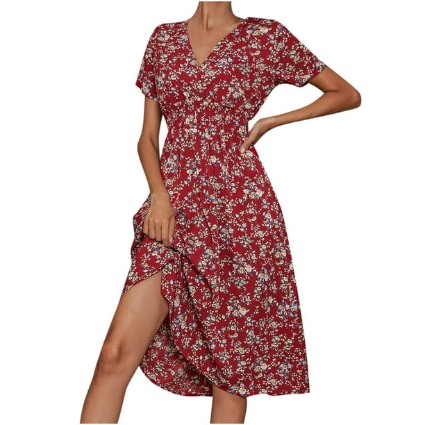 Vestidos Para Mujer Midi Vestidos Damas Casual Estampado Floral de Manga Corta Con Cuello en V Vestido A Media Pantorrilla Odeerbi ODB166602