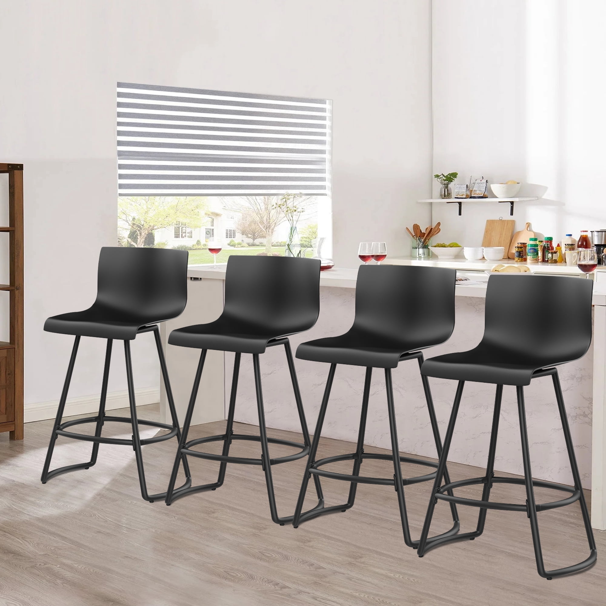 Andeworld 30" Swivel Bar Stools with Backs Plastic Counter Height Stools with Metal Legs (Set of 4, Black）