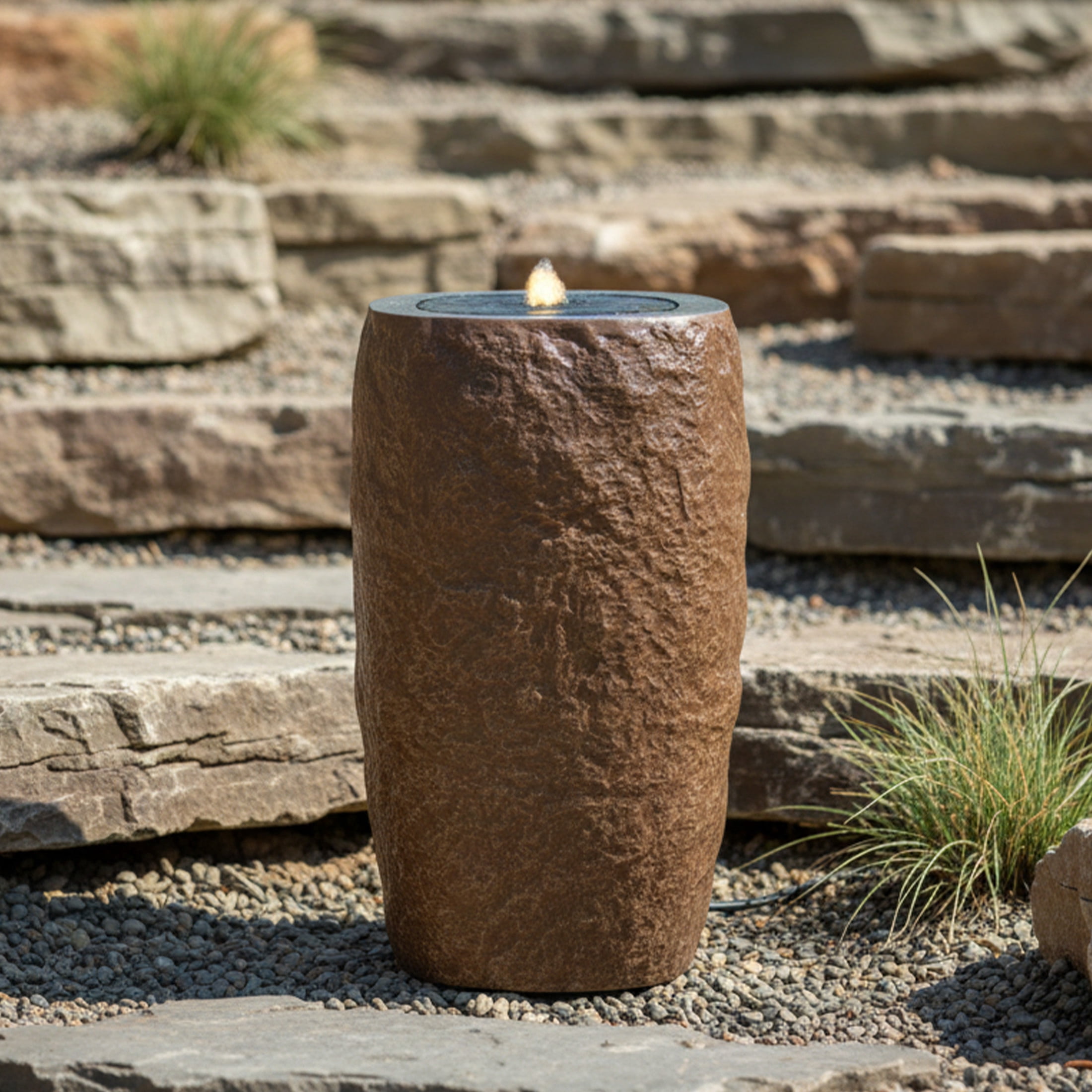 Sunnydaze Cylinder Brown Outdoor Bubble Fountain, LED Light