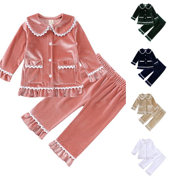 JAJAHO Toddler Kids Girls Pajamas Set Velvet Fuzzy Sleepwear Ruffle Lace Long Sleeve Button Down 2 Piece Pjs 3M-4Y