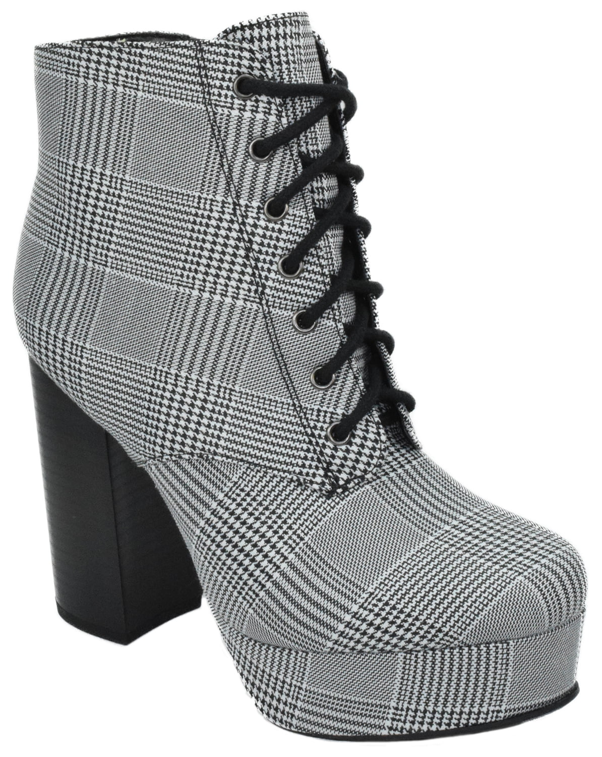 Women Platform Ankle Boots Round Toe High Heels Booties Black White Grid Pattern 