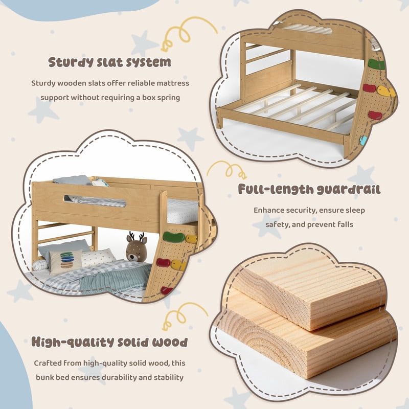 Twin/Twin XL Over Full Bunk Bed with Built-in Wardrobe, Storage Shelves, Rock Climbing Wall, Solid Wood Bunk Bed Fram with Full-Length Guardrails, No Box Spring Needed