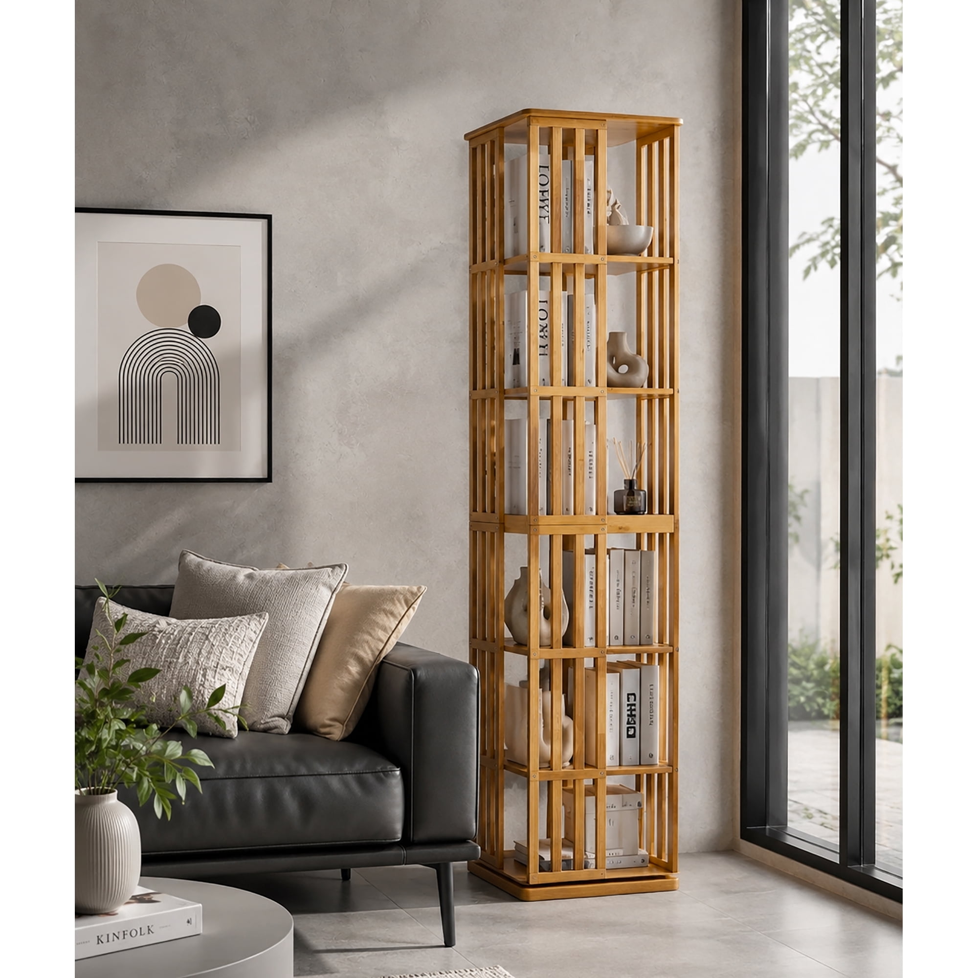 Leumius 6-Tier Rotating Bookshelf, 360° Display Spinning Bookcase, Bamboo Bookshelf Floor Standing Storage Rack, Wood Narrow Book Shelf Organizer for Kids Adults
