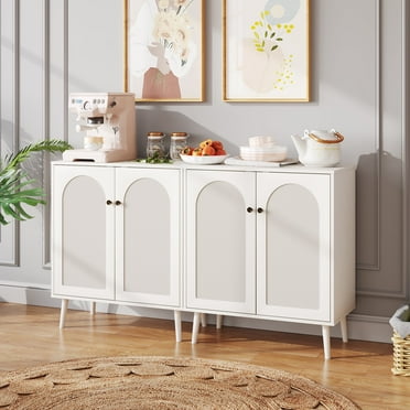 VEANERWOOD Farmhouse Sideboard Cabinet with Adjustable Shelves & Door, Wooden Storage Cabinet for Kitchen, Bedroom, Dining Room, Living room, White