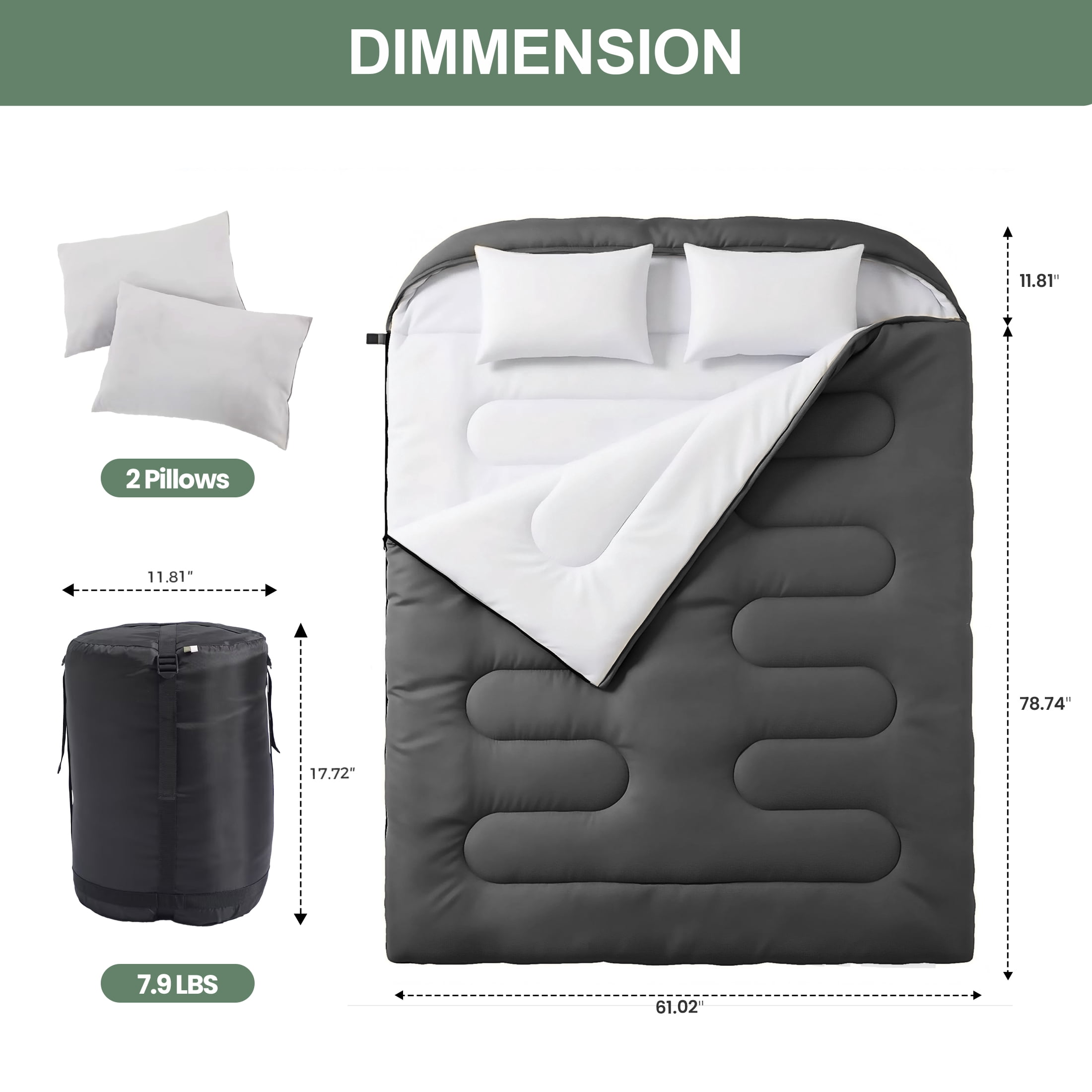 CONCETTA Lightweight Double Sleeping Bag for Adults in Cold & Warm Weaher, Waterproof & Machine Washable for Camping/Backpacking/Hiking, Black