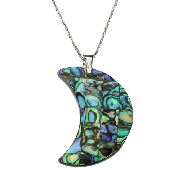 Abalone Shell (Assembled) Mosaic Crescent Moon Pendant Sterling Silver Cable Chain Necklace, 16"