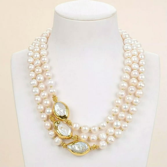 EOEMY 3 Strands 18''-21'' Natural White Pearl Gold Color Plated Keshi Pearl Necklace