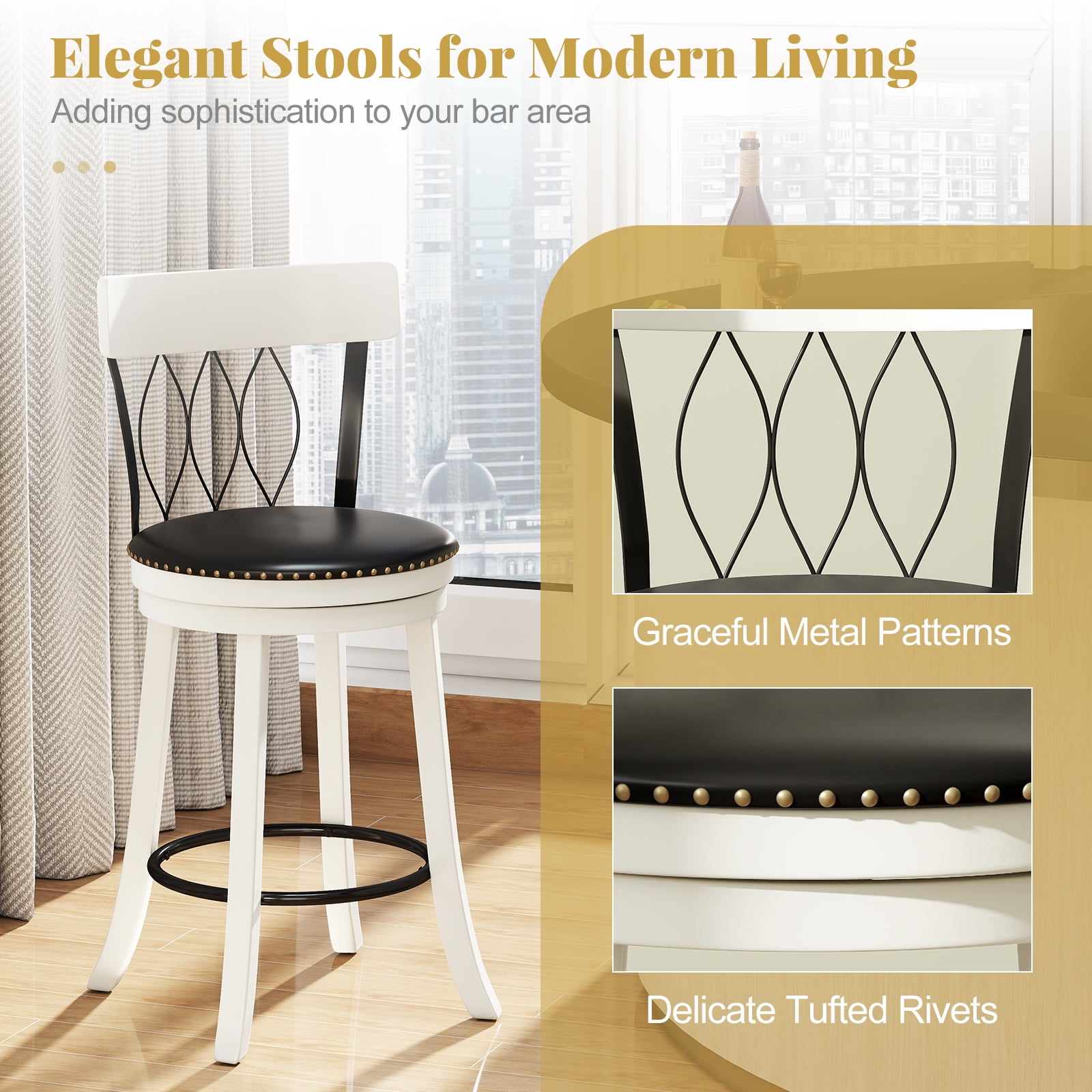 Gymax 26'' Set of 2 Bar Stools w/ Footrest Rubber Wood Frame & Tufted Rivets