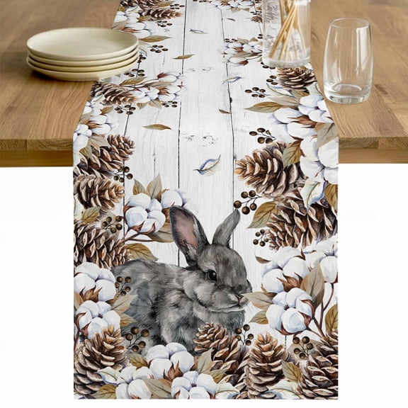 Grey Rabbits Table Runner - 48 Inch Long Pine Cones Brown Plants Farmhouse Wooden Cotton and Linen Blended Dress Scarves Farmhouse Table Runner for Kitchen Dining, Coffee Table, 13" x 48"