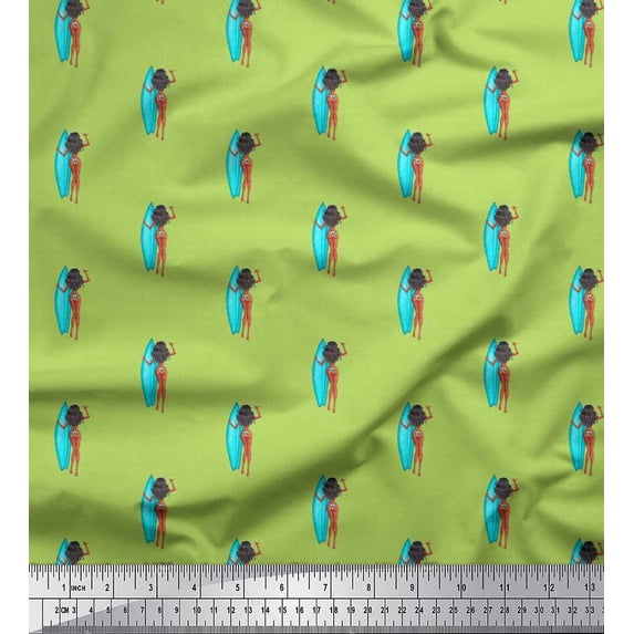 Soimoi Silk Fabric Beachwear Girl & Surfboard Shirting Print Sewing Fabric Yard 42 Inch Wide