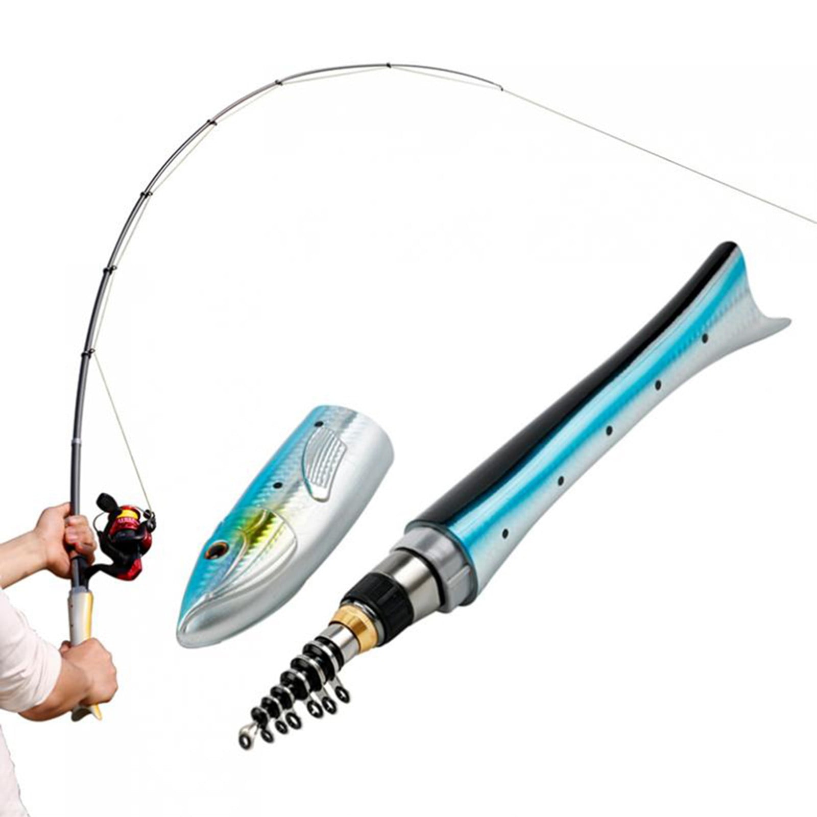 Fishing Rod Powerful Carbon Fiber Fishing Rod And Reel Combo Fish Shaped Design Portable Pocket Pen Casting Spin Reel Blue Rod Only Fangkenuo